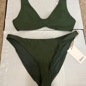 New Quince Italian Low Rise Bikini Bottom & V-Neck Top Palm Green Medium